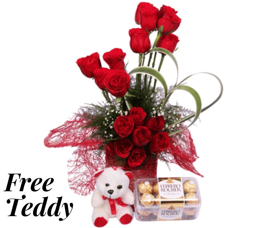 Red Roses with Ferrero Chocolates and a Free Teddy product1045
